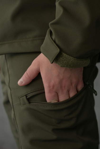 Чоловічі штани SoftShell для НГУ оливковий колір на флісі із високою посадкою / Вітро та водозахисні штани S - зображення 2