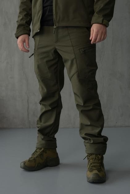 Брюки мужские SoftShell для НГУ оливковый цвет на флисе с высокой посадкой / Ветро и водозащитные штаны L - изображение 1