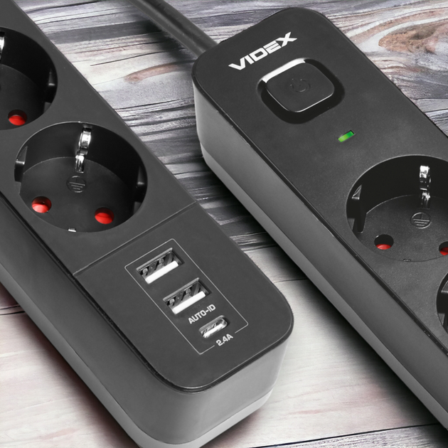 Мережевий подовжувач 3 м 3 гнізда з 2USB + USB-C заземленням і кнопкою VIDEX VF-PD33G2U1C-B - Фото 2 Мережевий подовжувач 3 м 3 гнізда з 2USB + USB-C заземленням і кнопкою VIDEX VF-PD33G2U1C-B - зображення 2