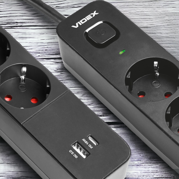 Сетевой удлинитель 3 м 4 гнезда с USB (QC3.0) и USB-C (PD18W) заземлением и кнопкой VIDEX VF-PD43G1QC1PD-B - изображение 2