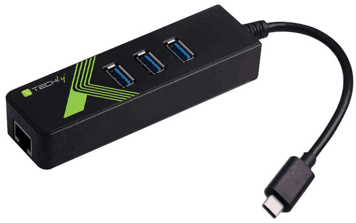 Hub USB-C Techly IDATA USB-ETGIGA-3C2 USB 3.0 3-port + Ethernet Black - obraz 2