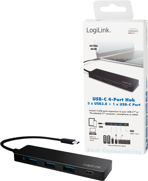 Hub USB-C LogiLink UA0311 USB 3.2 Gen1x1 USB-C 4-Port Black - obraz 2