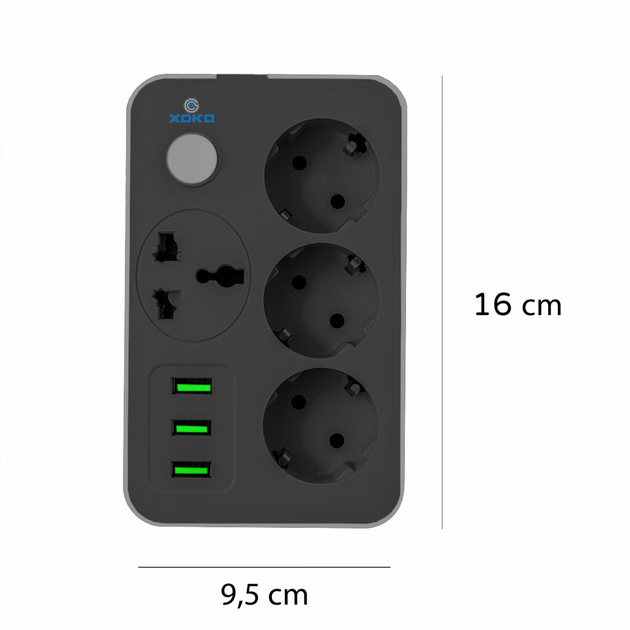 Сітковий фільтр XOKO SP-3-3-1, 2 м, 3 EU розетки, 1 міжнародна розетка, 3 USB сірий - Фото 3 Сітковий фільтр XOKO SP-3-3-1, 2 м, 3 EU розетки, 1 міжнародна розетка, 3 USB сірий - зображення 3