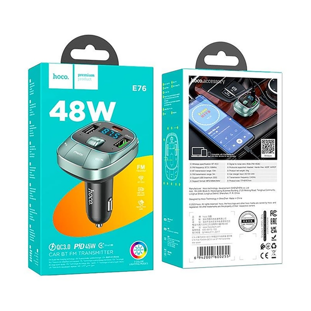 FM-Модулятор Hoco E76 Pole PD48W / QC3.0 car BT FM transmitter, Greey - изображение 2