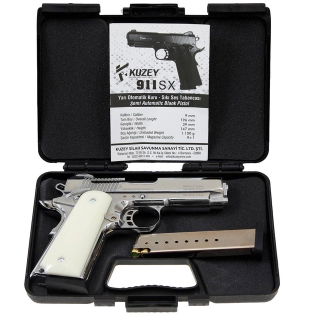 Стартовый пистолет Colt 1911, KUZEY 911-SX#3 Shiny Chrome Plating/White Grips, Сигнальный пистолет под холостой патрон 9мм, Шумовый - изображение 2