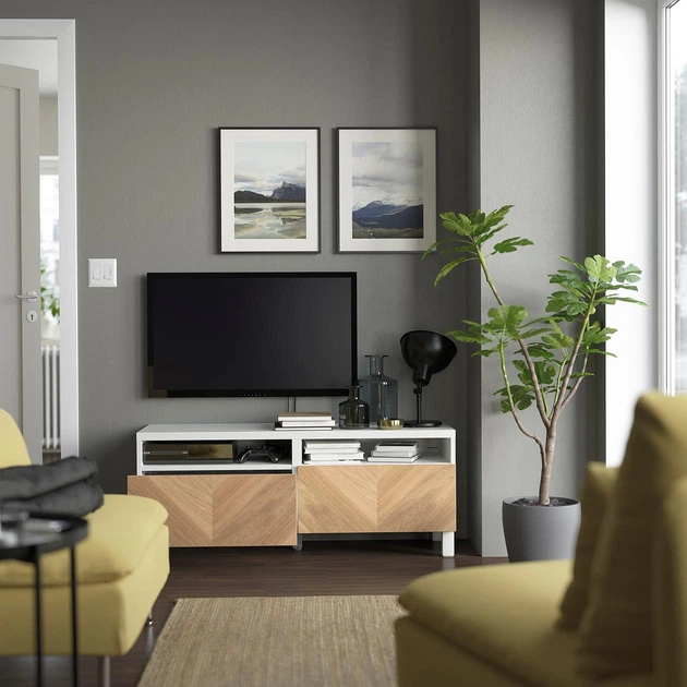 Тумба для телевізора з шухлядами IKEA BESTÅ БЕСТО, білий, HEDEVIKEN ХЕДЕВІКЕН, жерстяний шпон дуб, 120х42х48 - изображение 4