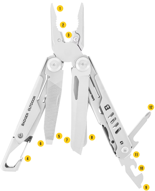 Мультитул Badger Outdoor Fang Silver 12 Инструментов Серия BO-MT-S9 - Фото 2 Мультитул Badger Outdoor Fang Silver 12 Инструментов Серия BO-MT-S9 - изображение 2