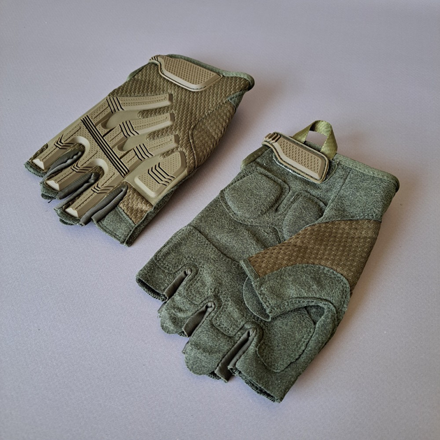 Плотные тактические перчатки армейские с открытыми пальцами на липучке для рыбалки охоты PRO TACTICAL оливковые АН8808 размер L - изображение 1