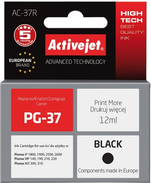 Картридж Activejet для Canon PG-37 Premium 12 мл Black (5901452128265) - зображення 1