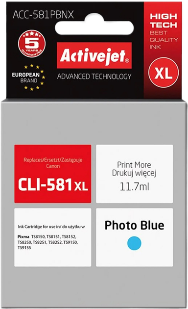 Tusz Activejet do Canon CLI-581PB XL Supreme 11.7 ml Foto Cyan (ACC-581PBNX) - obraz 1