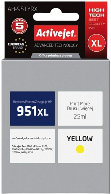 Tusz Activejet do HP 951XL CN048AE Premium 25 ml Yellow (AH-951YRX) - obraz 1