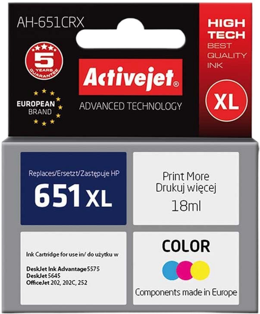 Tusz Activejet do HP 651 C2P11AE Premium 18 ml Cyan/Magenta/Yellow (AH-651CRX) - obraz 1