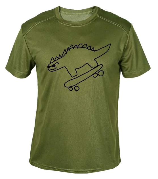 Футболка потовідвідна армійська ЗСУ з принтом "Динозавр на скейті" в оливі L - зображення 1