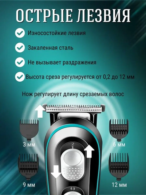 Акумуляторний триммер для стрижки волосся голови бороди та вусів VGR зі змінними насадками бездротової - зображення 7