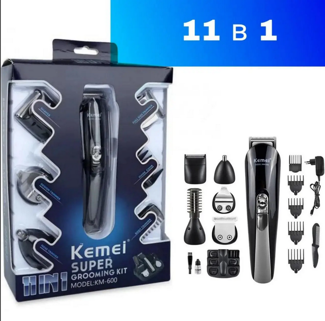 Акумуляторна професійна машинка для стрижки волосся Kemei km-600 Бритва-тример 11 насадок Нержавіюча сталь - зображення 7