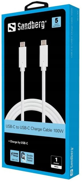 Kabel Sandberg USB Type-C - USB Type-C 1 m White (5705730136221) - obraz 1