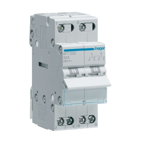 Переключатель I-0-II 230V 2-полюсный Hager SFT232 32А выход сверху - Фото 1 Переключатель I-0-II 230V 2-полюсный Hager SFT232 32А выход сверху - изображение 1