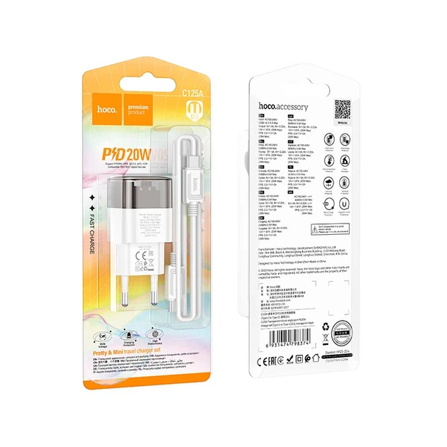 Адаптер мережевий HOCO Type-C to Type-C Cable Transparent tribute single-port C125A |1Type-C, PD/QC, 20W/3A| - зображення 3