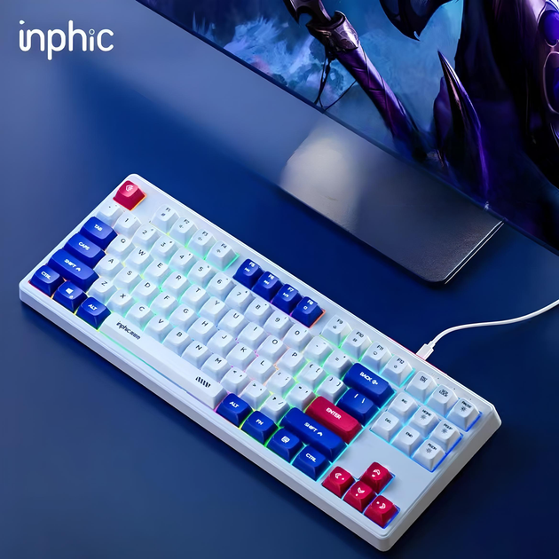 Проводная клавиатура INPHIC K9 с RGB подсветкой, подключение USB-TypeC, компактная, тихая, бело-синий (Ukr) - Фото 3 Проводная клавиатура INPHIC K9 с RGB подсветкой, подключение USB-TypeC, компактная, тихая, бело-синий (Ukr) - изображение 3