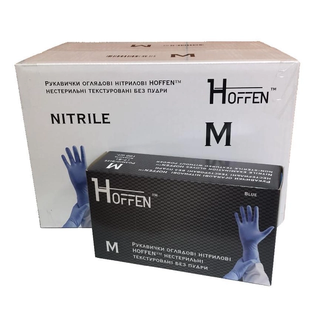 Рукавички нітрилові сині HOFFEN нестерильні текстуровані без пудри розмір M (ящик 10 пачок) - зображення 1