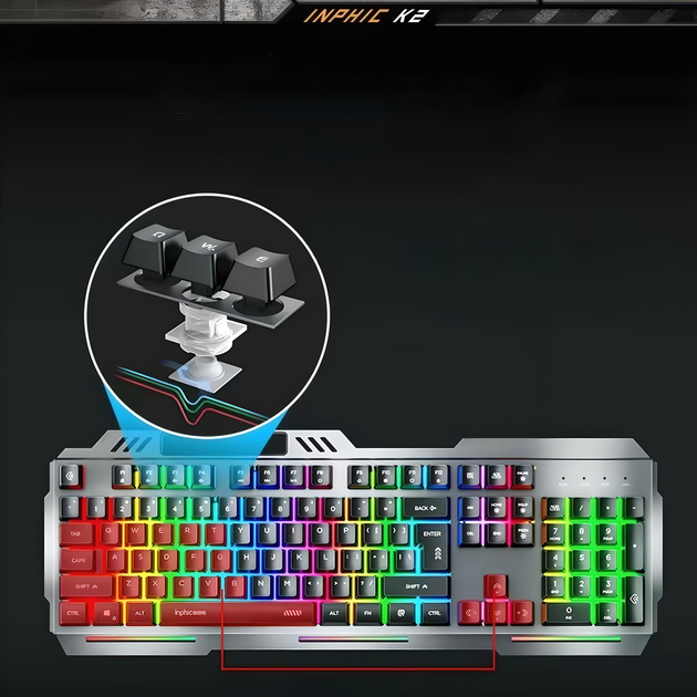 Проводной набор INPHIC полноразмерная клавиатура K2 +игровая мышь W2, с RGB подсветкой, бесшумная, 8800DPI, GR - изображение 3