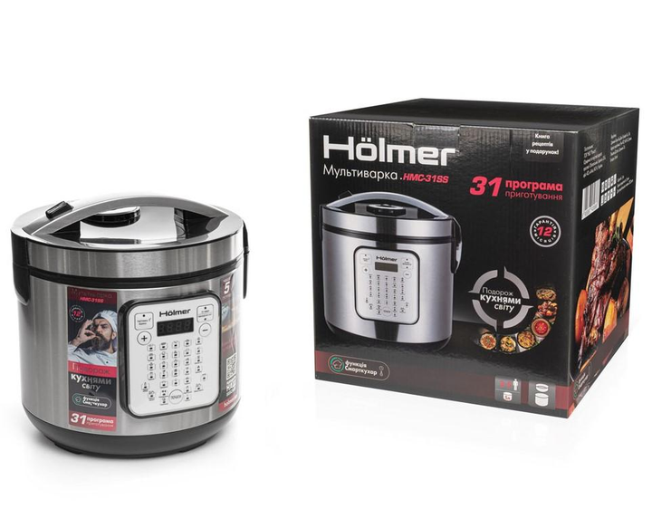 Мультиварка 5 л с антипригарным покрытием Holmer HMC-31SS 900Вт 31 программа Мультиповар настройки времени температуры LED дисплей книга рецептов - изображение 9