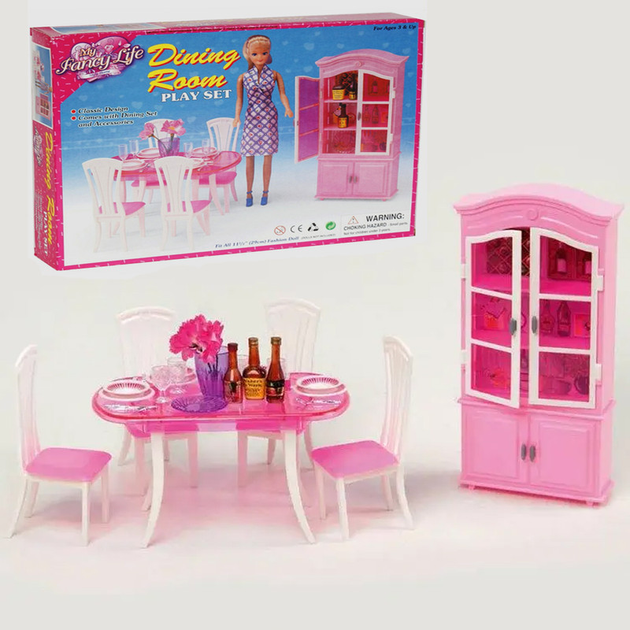 Мебель для кукол Столовая для Барби,стол,стулья,шкаф,посуда, в кор.
