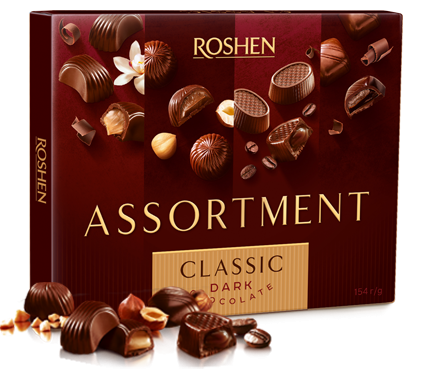 Ящик Цукерок в коробці Roshen Assortment чорний шоколад 154 г х 8 шт - Фото 1 Ящик Цукерок в коробці Roshen Assortment чорний шоколад 154 г х 8 шт - изображение 1