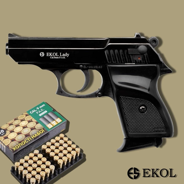 Стартовий пістолет Walther ppk, Ekol Lady чорний + 20 патронів, Сигнальний пістолет під холостий патрон 9мм, Шумовий - зображення 1