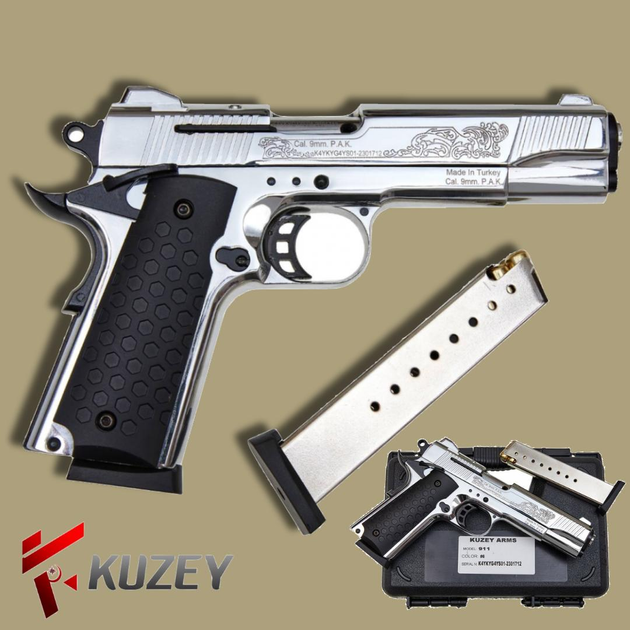 Стартовий пістолет Colt 1911, KUZEY 911#6 Matte Chrome Plating, Engraved/Black Grips, Сигнальний пістолет під холостий патрон 9мм, Шумовий - зображення 1