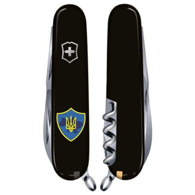 Складаний швейцарський ніж Victorinox Vx13703.3_T1080u Climber Ukraine Тризуб на щиті синьо-жовтий 14 функцій 91 мм чорний - зображення 2