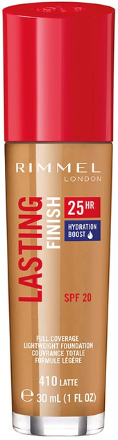 Тональна основа Rimmel London Lasting Finish 25HR Hydration Boost Foundation SPF 20 410 Latte 30 мл (3616301236061) - зображення 1