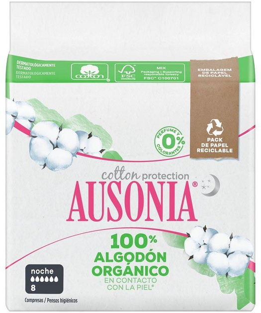 Podpaski higieniczne nocne Ausonia Organic Cotton Protection 8 szt (8006540678497) - obraz 1