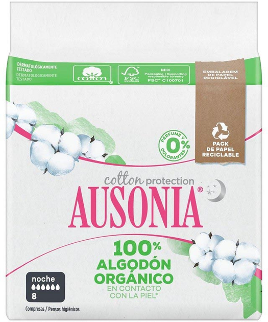 Прокладки гігієнічні нічні Ausonia Organic Cotton Protection 8 шт (8006540678497) - зображення 1