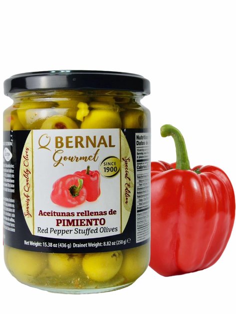 Оливки зелені іспанські Мансанілья Bernal Gourmet Aceitunas rellenas de pimiento фаршировані пастою із солодкого перцю 436 г - зображення 1