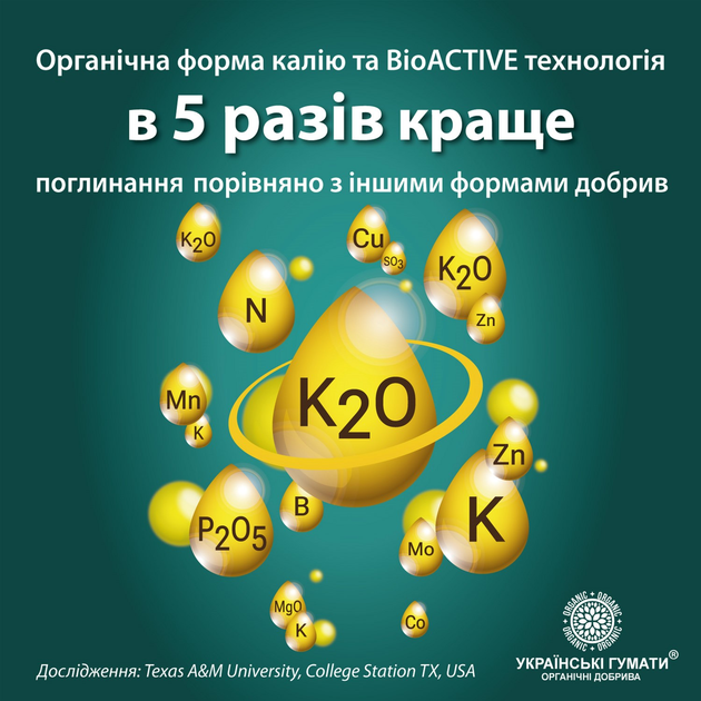 Калійне органічне добриво Українські гумати АКТИВНИЙ КАЛІЙ для активного живлення лекодоступним калієм, комплексом NPK, мікроелементами, органічними кислотами, BioACTIVE technology концентрат 1 кг (4820219190318) - зображення 7