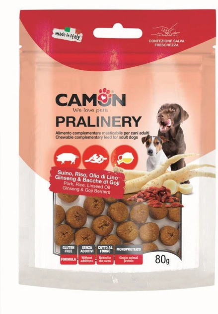 Ласощі для собак Camon Pralinery c шинкою женьшенем і ягодами годжі 80 г (8019808227191) - зображення 1