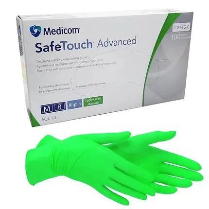 Рукавички нітрилові SafeTouch Medicom Green розмір M (100 шт) колір Зелене яблуко - изображение 1