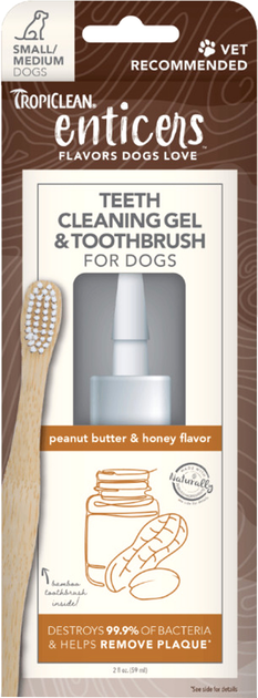 Zestaw do czyszczenia zębów dla małych i średnich psów Tropiclean Enticers Gel and Brush S/M Peanut and Honey 59 ml (0645095004535) - obraz 1