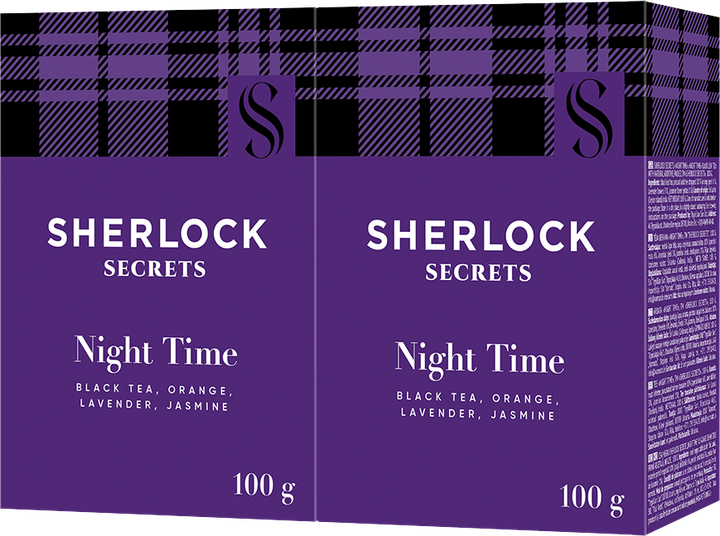 Акція на Упаковка чорного листового чаю Sherlock Secrets Night Time з цедрою апельсина, квітами лаванди та жасмину 100 г х 2 шт від Rozetka