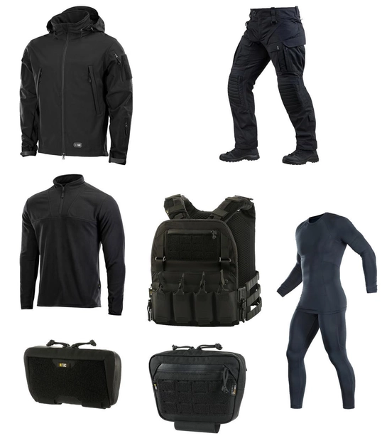 M-tac комплект Black куртка, штани з тактичними наколінниками, термобілизна, плитоноска, сумки XL - зображення 1
