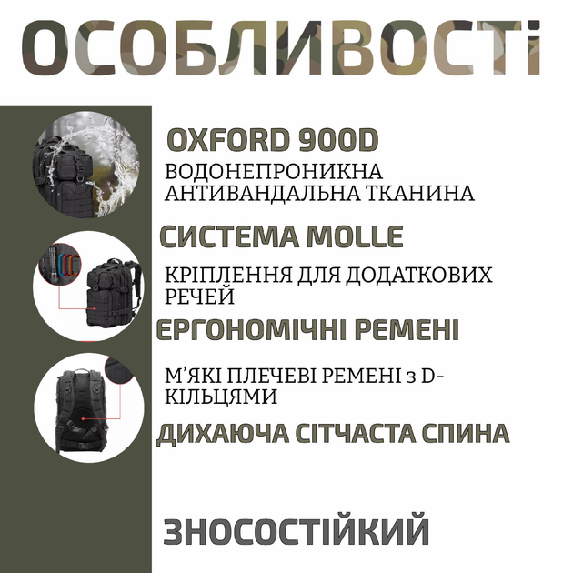Тактический штурмовой армейский рюкзак черный 45л / военный рюкзак (арт.5861) - изображение 2