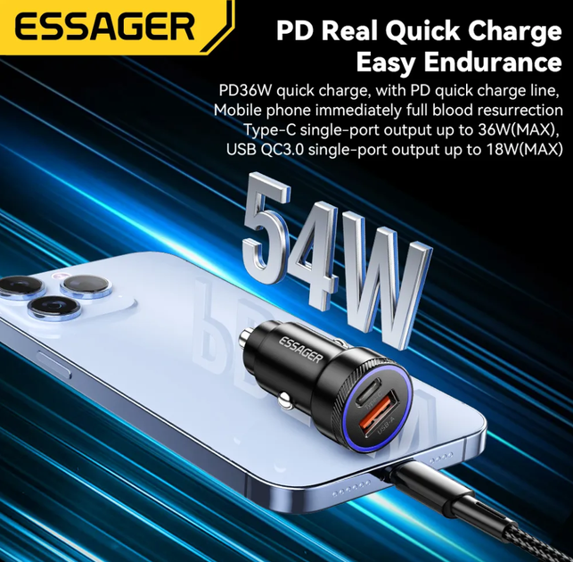Автомобільний зарядний пристрій Essager ES-CC11 54W (Type-C 36W + USB QC 3.0 18W) - зображення 4