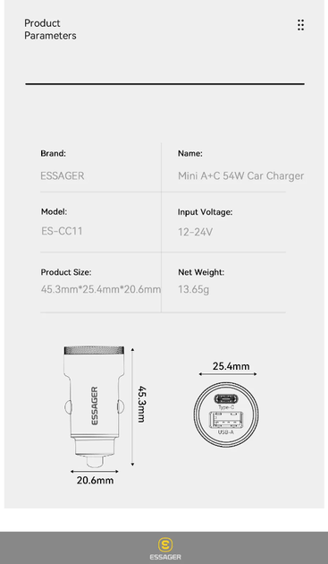 Автомобільний зарядний пристрій Essager ES-CC11 54W (Type-C 36W + USB QC 3.0 18W) - зображення 9