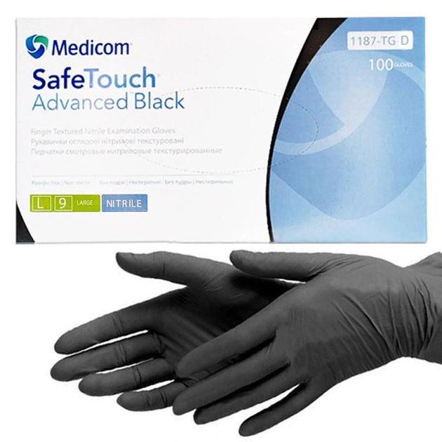 Нітрилові рукавички Medicom, щільність 3.5 г. - SafeTouch Advanced Black - Чорні (100 шт) L (8-9) - зображення 1