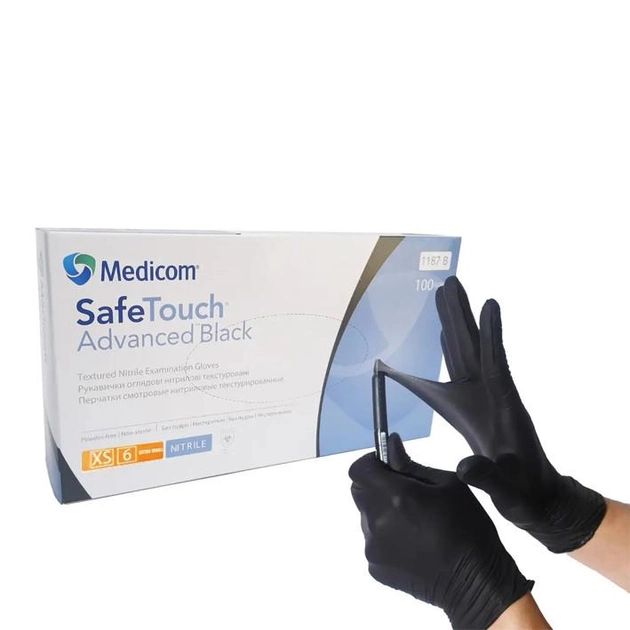 Нітрилові рукавички Medicom, щільність 5 г. - SafeTouch Premium Black - Чорні (100 шт) XS (5-6) - зображення 1