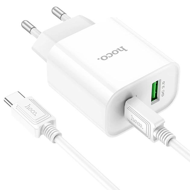 Швидка зарядка для телефону USB Type-C / Мережевий зарядний пристрій Hoco C80A Plus Rapido PD20W+QC3.0 (1USB-A/1C) + кабель Type-C to Type-C (білий) - Фото 3 Швидка зарядка для телефону USB Type-C / Мережевий зарядний пристрій Hoco C80A Plus Rapido PD20W+QC3.0 (1USB-A/1C) + кабель Type-C to Type-C (білий) - зображення 3