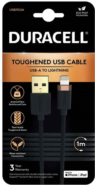 Кабель Duracell USB Type A - Lightning 1 м Black (USB7012A) - зображення 1