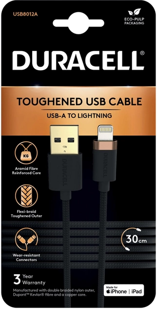 Кабель Duracell USB Type A - Lightning 0.3 м Black (USB8012A) - зображення 2