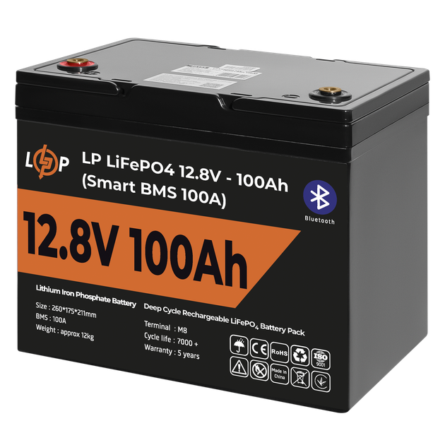 Акумулятор LP LiFePO4 12V (12,8V) - 100 Ah (1280Wh) (Smart BMS 100А) з BT пластик для ДБЖ - Фото 3 Акумулятор LP LiFePO4 12V (12,8V) - 100 Ah (1280Wh) (Smart BMS 100А) з BT пластик для ДБЖ - изображение 3